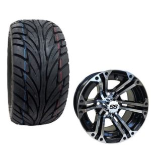 12" Terminator Machined/Black Aluminum Golf Cart Wheels & 22x11-12 Duro Scorcher Street Golf Cart Tires Combo - Set of 4