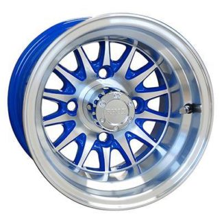 Blue and machined aluminum 10" Phoenix golf cart wheel by RHOX, Item # TIR-474.