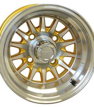 Gold and machined aluminum RHOX 10″ Phoenix Gold golf cart wheel, Item # TIR-478.