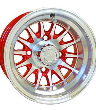 Red and machined aluminum 10" RHOX Phoenix golf cart wheel, Item # TIR-473.