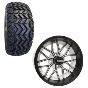 14″ RHOX RX281 Black and White Golf Cart Wheels and RHOX RXAT 23x10-14 All-Terrain Golf Cart Tires | Set of 4 - LIFT KIT REQUIRED!