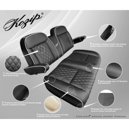 SCTR10-Kozip-Aeris-Front-Seat-Cushion-Set-Black-Base-White-Piping-Cross-Stitch-EZGO-RXV-TXT