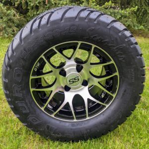 12" Golf Cart Wheel and Tire Combo: GTW Pursuit Machined/Black Wheels w/ Duro Scorcher 22x11-12, 4 Ply Directional Tire