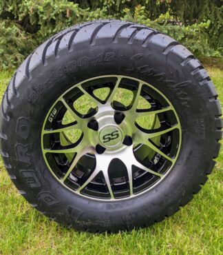 12" Golf Cart Wheel and Tire Combo: GTW Pursuit Machined/Black Wheels w/ Duro Scorcher 22x11-12, 4 Ply Directional Tire