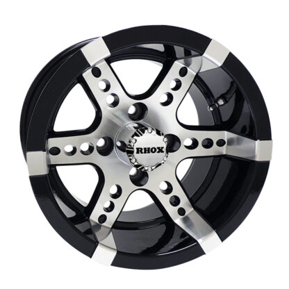 12" machined black dominator style RHOX golf cart wheel with colored inserts available, Item # TIR-RX250.