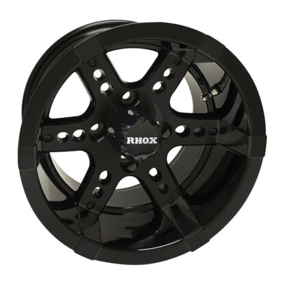 12" gloss black dominator style RHOX golf cart wheel with colored inserts available, Item # TIR-RX252.