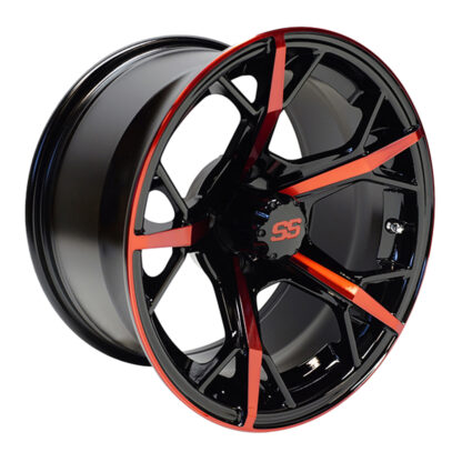 Angled view of Black and Red 14" golf cart wheel by RHOX, Item # TIR-RX400-BR.