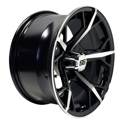 Angled view of black and machined aluminum 14x7 inch golf cart wheel by RHOX, Item # TIR-RX400.
