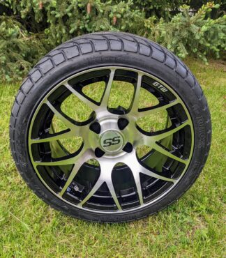 14" Pursuit Machined Aluminum Golf Cart Wheels and 205/40-R14 GTW® Fusion GTR Steel Belted Radial Street Tires Combo - Set of 4