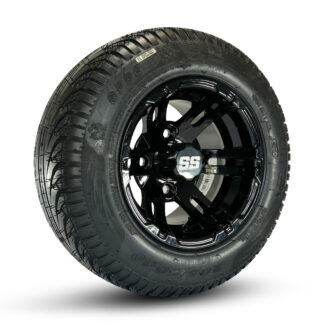 Buy a set of 4 and save with Pete's on a low profile 10" golf cart wheel and tire combo set featuring gloss black Bulldog wheels and DOT street tires.