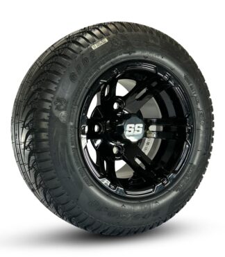 Buy a set of 4 and save with Pete's on a low profile 10" golf cart wheel and tire combo set featuring gloss black Bulldog wheels and DOT street tires.