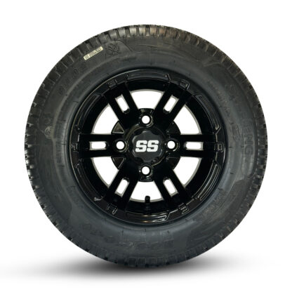 Sidewall view of the SGC 10" Bulldog gloss black golf cart wheel mounted with 205/50-10 street and turf tire combo set of 4 with lug nuts.