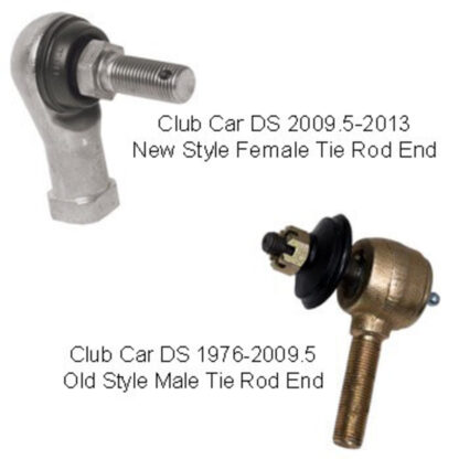Image explaining the difference in tie rod end design for different model years of Club Car DS golf carts.