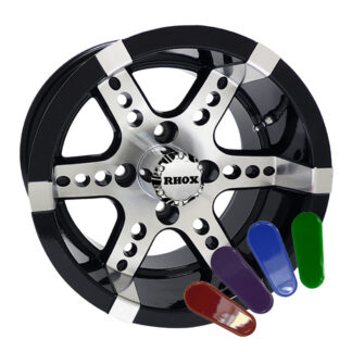 12" Dominator style machined black golf cart wheel with colored accent inserts available, RHOX Item # TIR-RX250.
