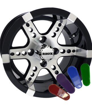 12" Dominator style machined black golf cart wheel with colored accent inserts available, RHOX Item # TIR-RX250.