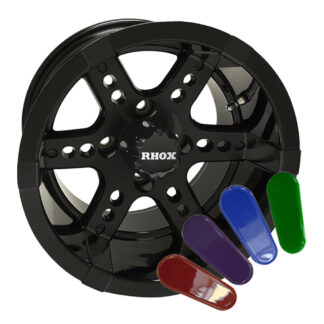 12" Dominator style gloss black golf cart wheel with colored accent inserts available, RHOX Item # TIR-RX252.
