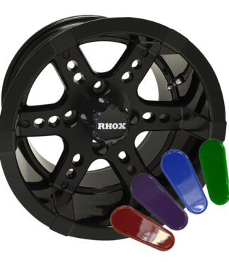 12" Dominator style gloss black golf cart wheel with colored accent inserts available, RHOX Item # TIR-RX252.