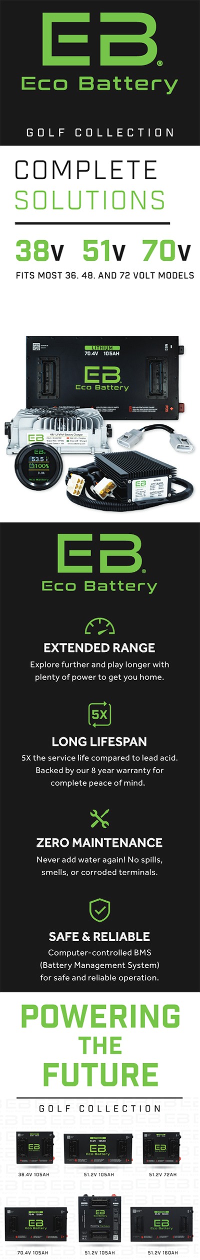 Promotional and feature brochure for EB Eco Battery lithium battery golf cart collection.
