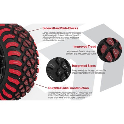 Tread pattern features and design of the GTW Nomad all-terrain golf cart tire available in a variety of sizes.
