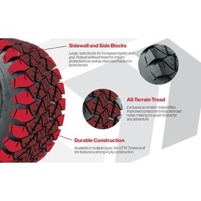 Tread pattern features and design of the GTW Timberwolf all-terrain golf cart tire available in a variety of sizes.