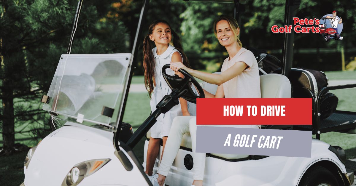 woman and a girl riding a golf cart