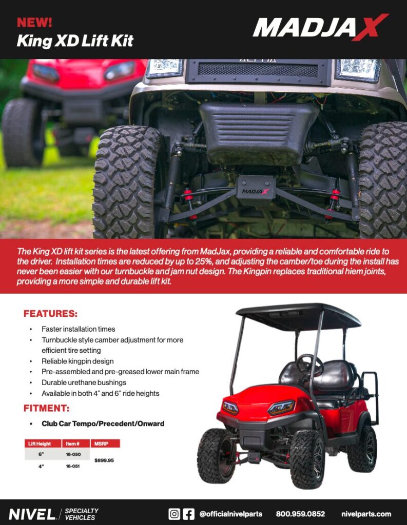 Promotional ad for Madjax King XD line of golf cart high performance lift kits.